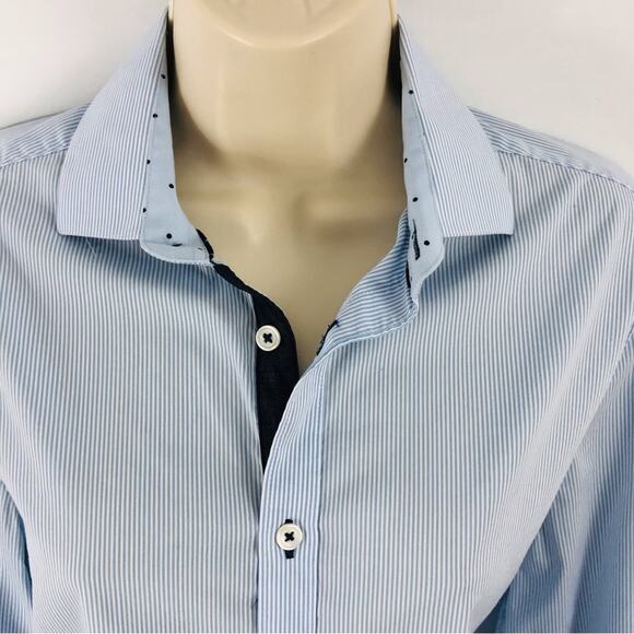 H&M Classic Light Blue Pinstripe Long Sleeve Button Front Shirt Navy Stripe Cuff - Picture 4 of 16